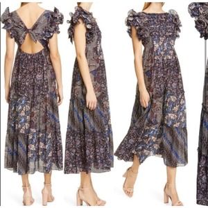 Ulla Johnson Zoya Ruffle Trim Ikat Midi Patchwork Dress Size 8